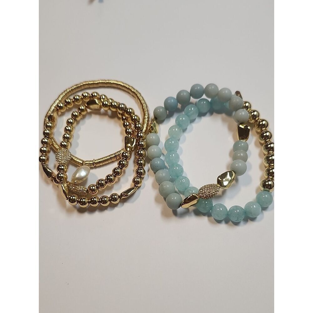 Gold and Light Blue Beaded Stretch Bracelet Set - Elegant Layering